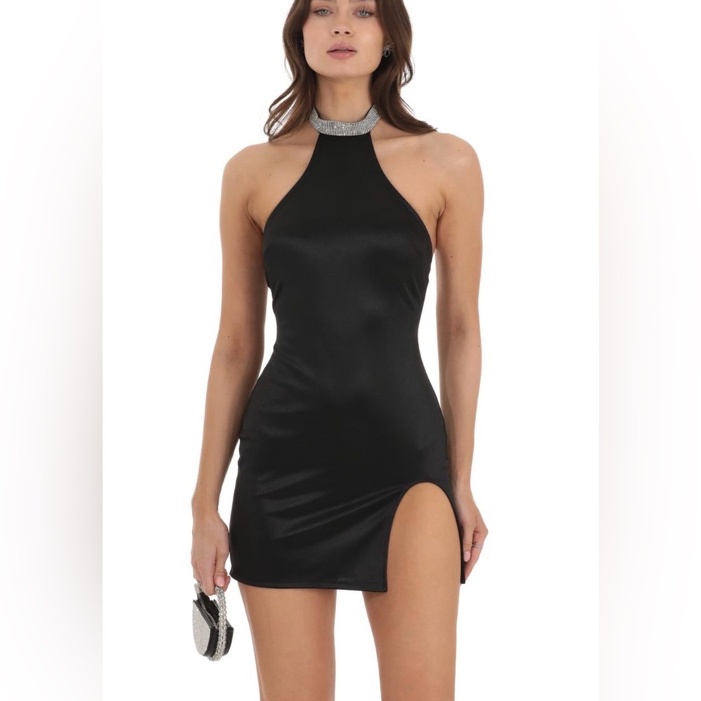 Luck In The Sky sexy Black rhinestone Halter mini Dress